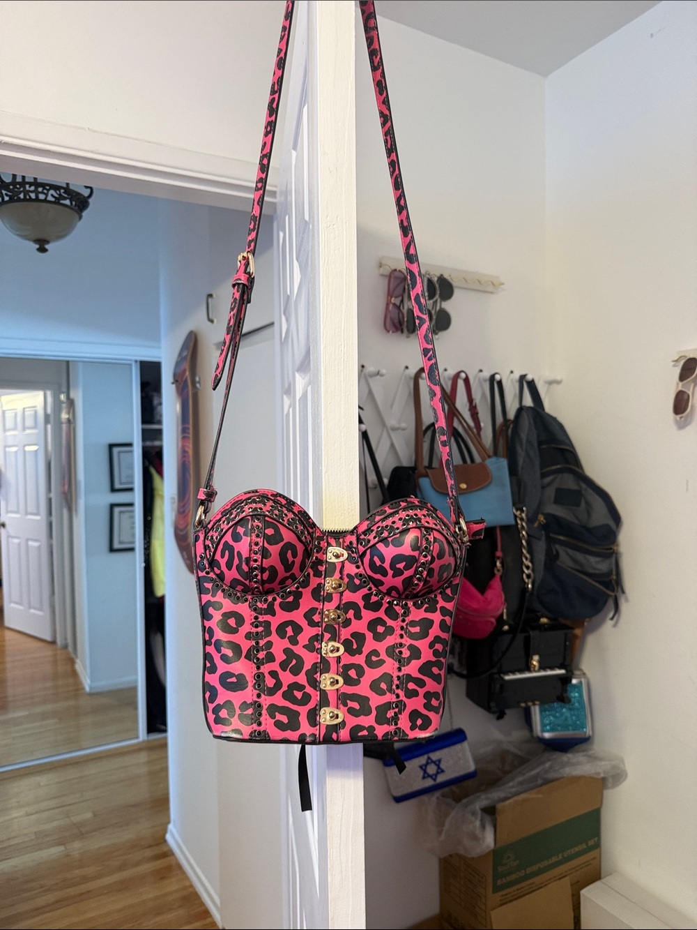 Betsey Johnson Pink and Black Leopard Bustier Crossbody Bag